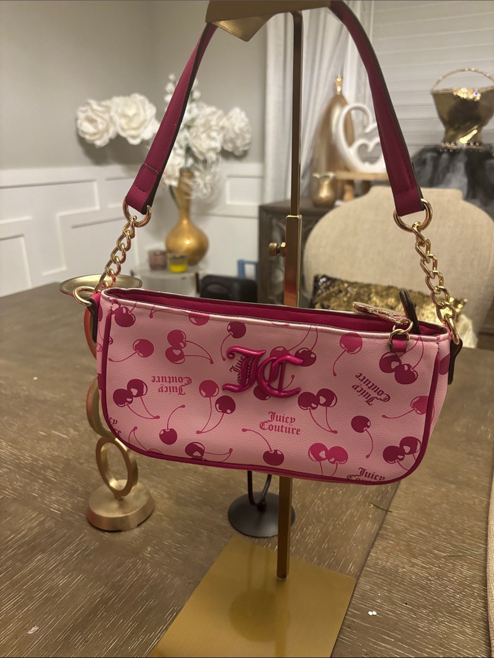 Juicy Couture Pink Cherry Logo Shoulder Bag with Gold Hardware